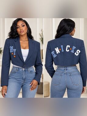 UPcycled NY KNICKS inspired Cropped Navy Blazer Jacket with Lettering size L